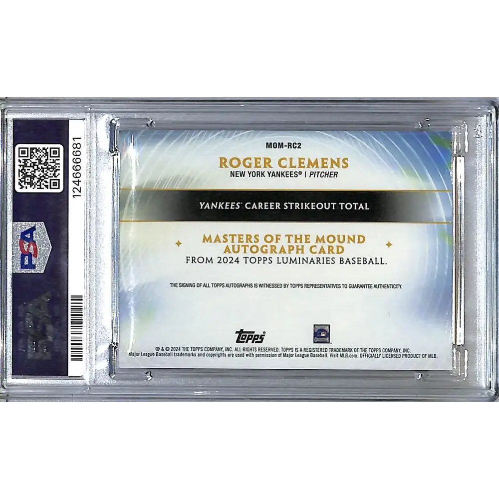 2024 Topps Luminaries Masters of the Mound Purple #MOM-RC2 Roger Clemens PSA 9 MINT Auto 1/3 New York Yankees Image 2