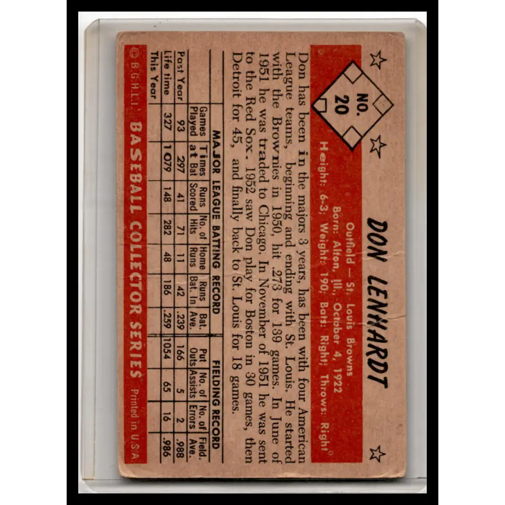 1953 Bowman Color #20 Don Lenhardt P Baseball Card Image 2