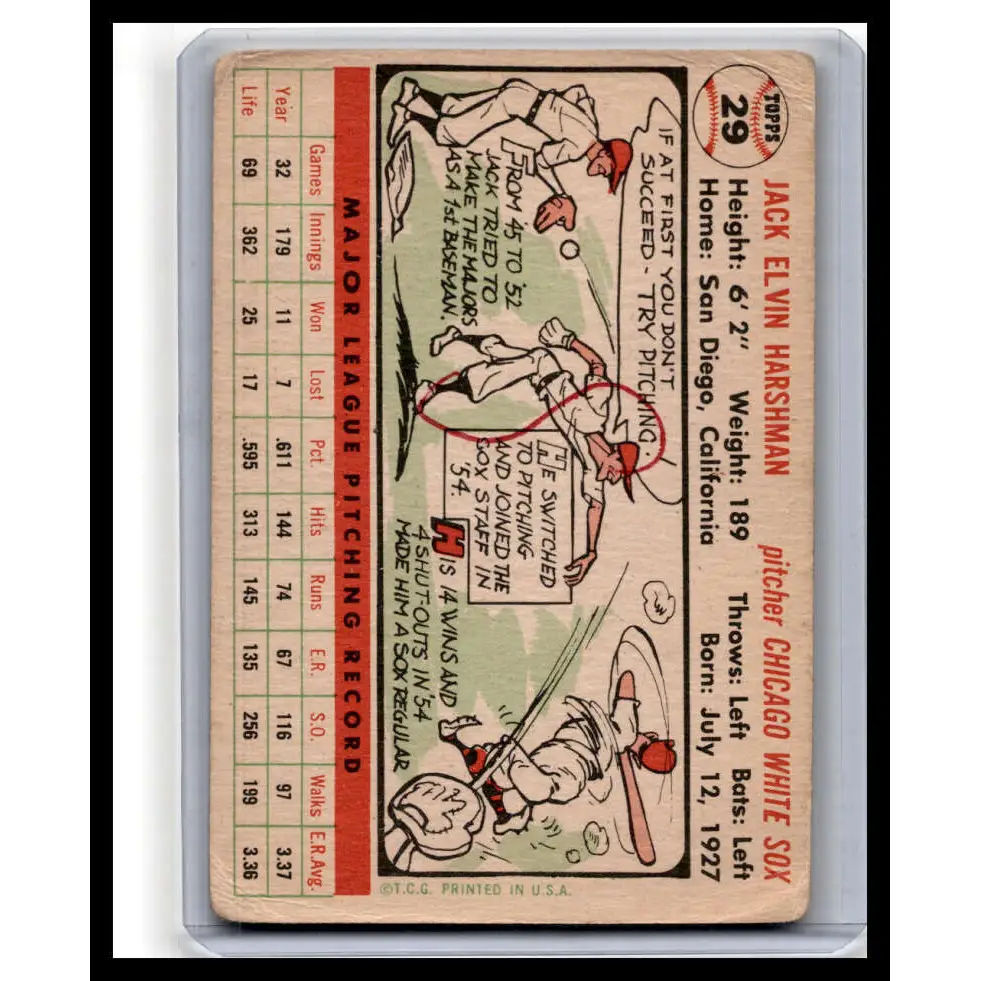 1956 Topps #29a Jack Harshman White Back P Baseball Card Image 2