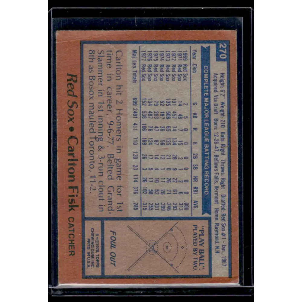 1978 Topps #270 Carlton Fisk EX Boston Red Sox Baseball Card Image 2