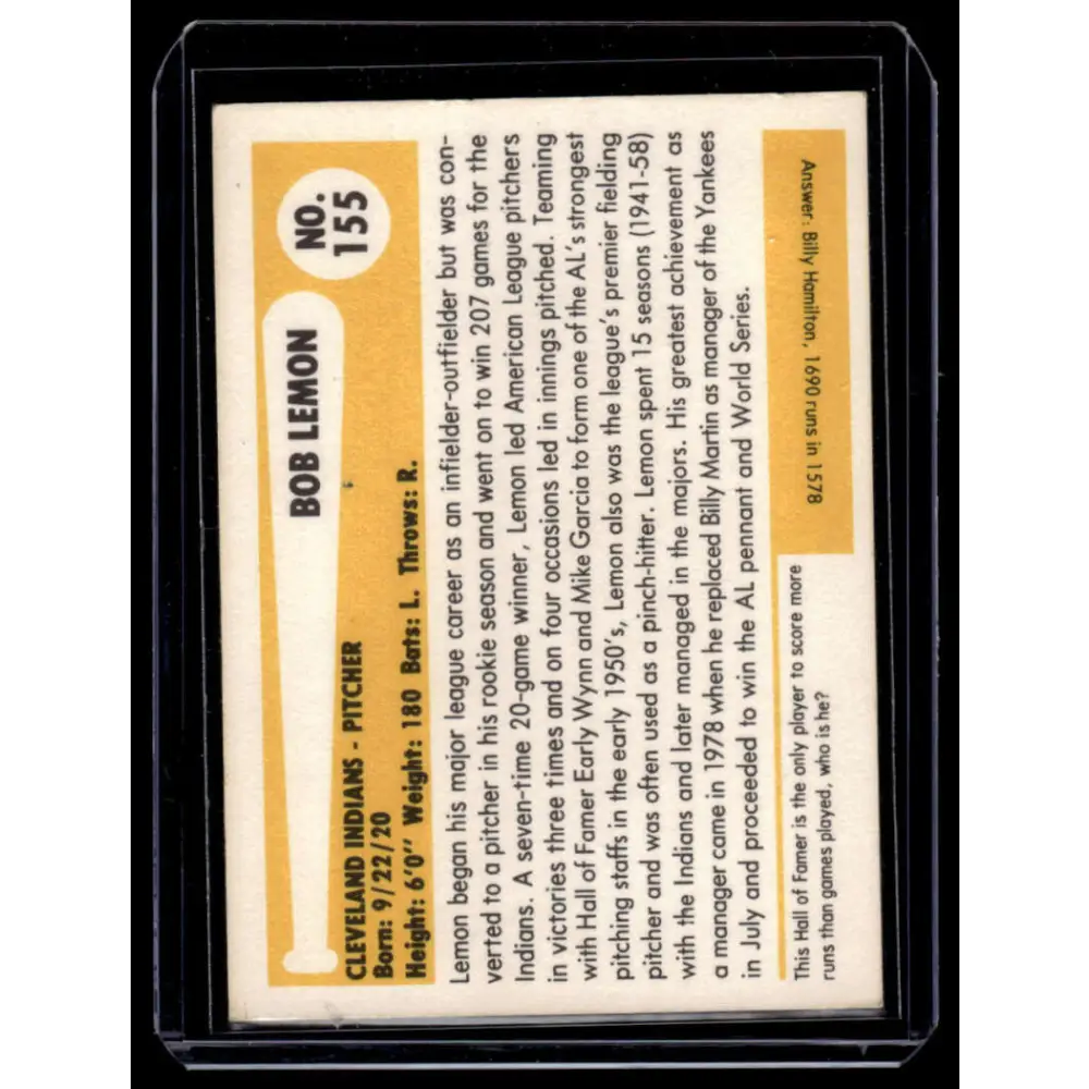 1980 SSPC HOF #155 Bob Lemon Cleveland Indians NM-MT Baseball Card Image 2