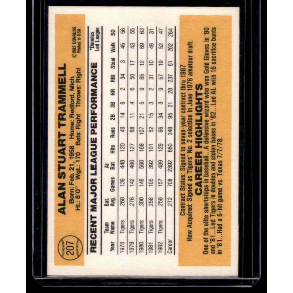1983 Donruss #207 Alan Trammell VG Detroit Tigers Baseball Card Image 2