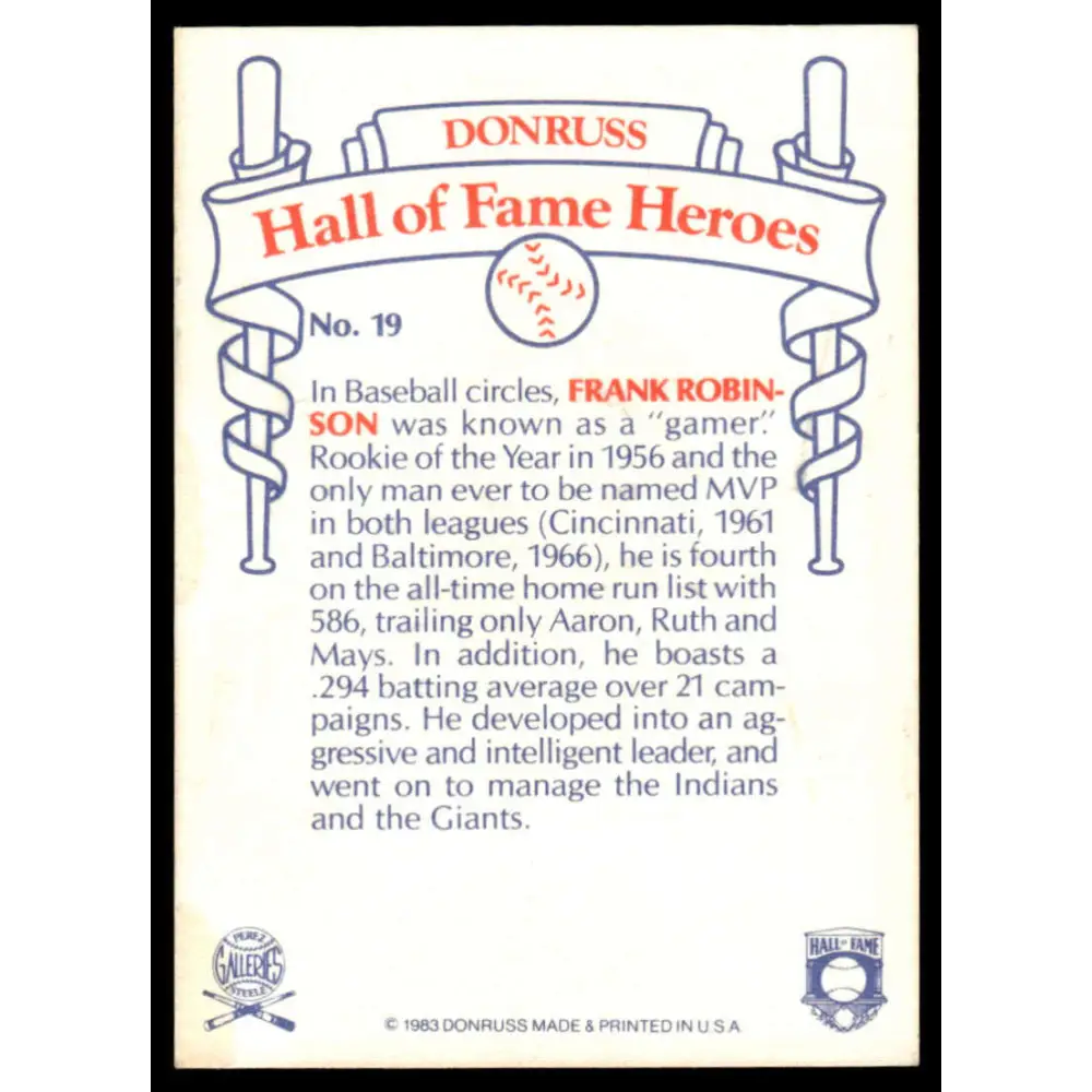 1983 Donruss Hall of Fame Heroes #19 Frank Robinson EX/NM Baltimore Orioles Baseball Card Image 2