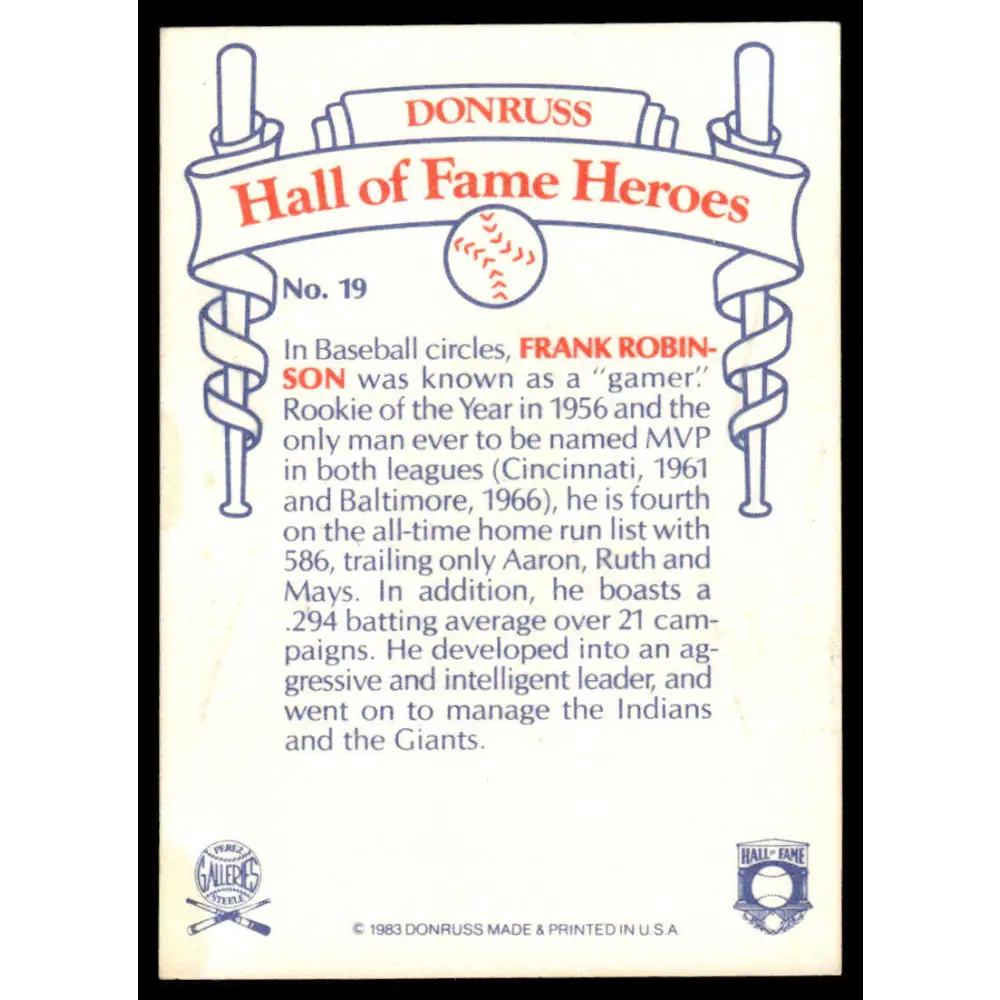 1983 Donruss Hall of Fame Heroes #19 Frank Robinson EX/NM Baltimore Orioles Baseball Card Image 2