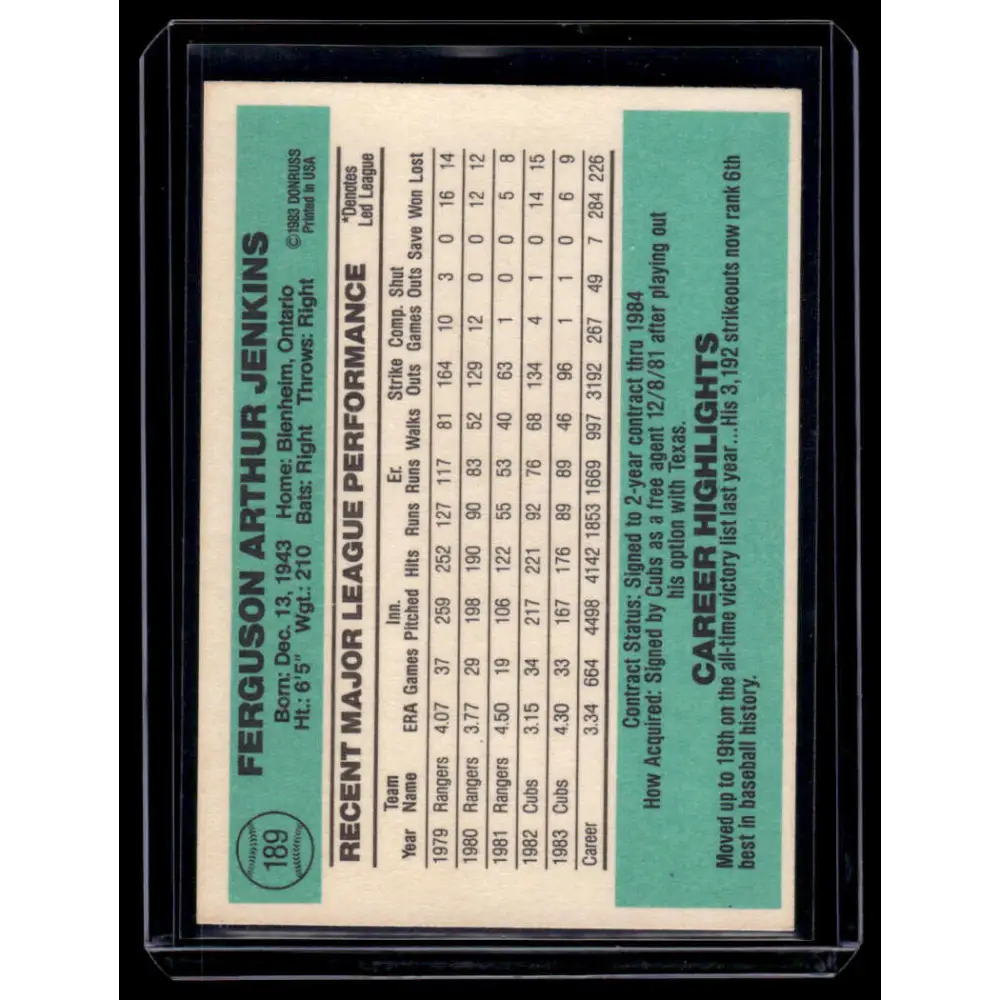 1984 Donruss #189 Ferguson Jenkins EX Chicago Cubs Baseball Card Image 2