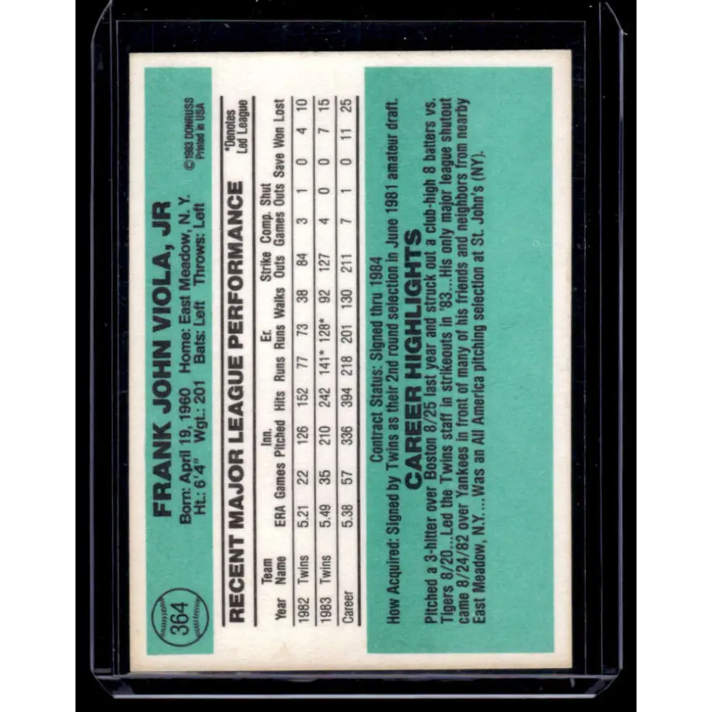 1984 Donruss #364 Frank Viola Minnesota Twins NM-MT Baseball Card Image 2
