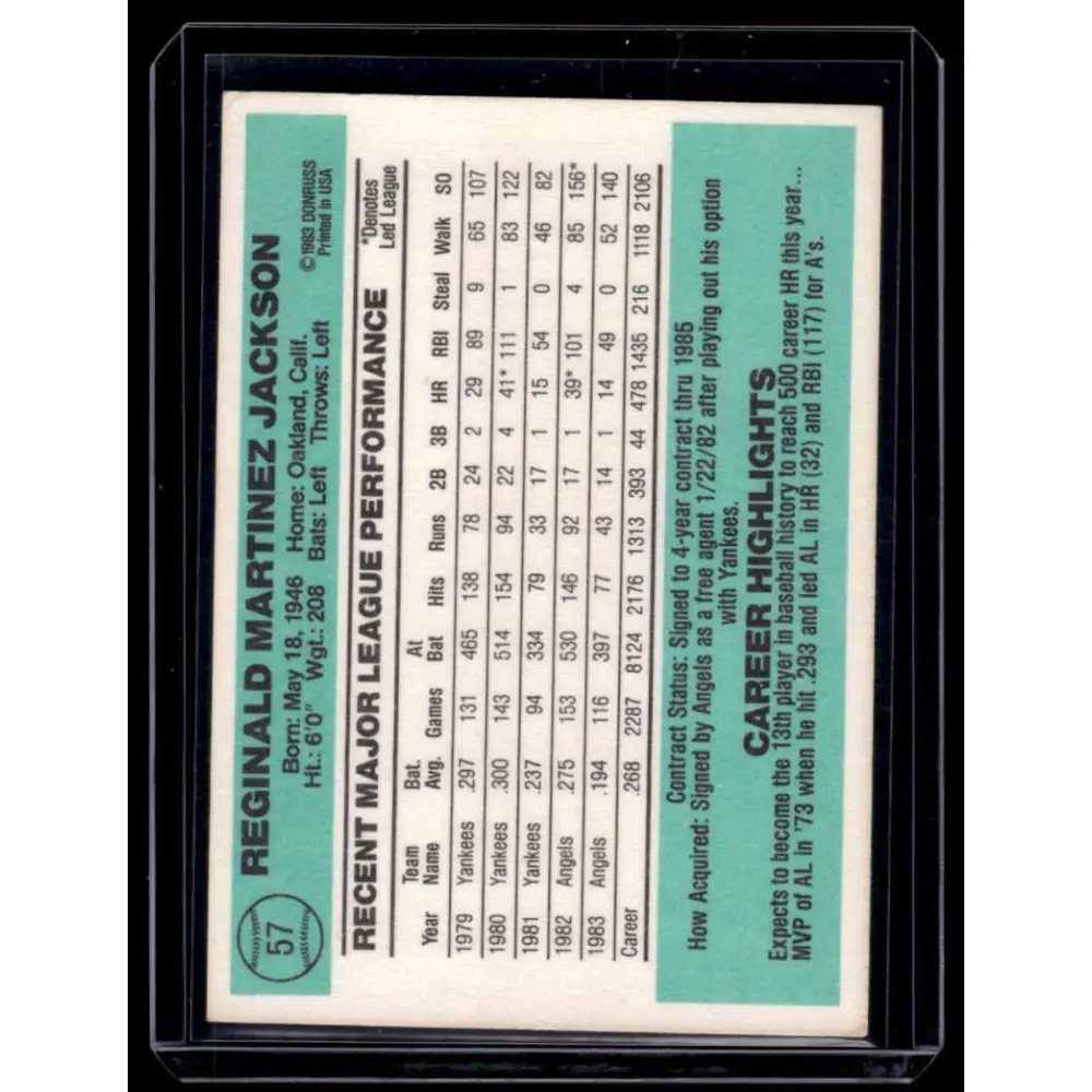 1984 Donruss #57 Reggie Jackson EX California Angels Baseball Card Image 2