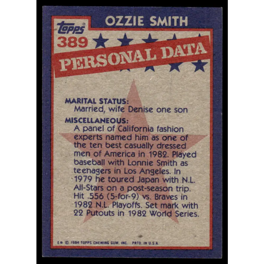 1984 Topps #389 Ozzie Smith EX/NM St. Louis Cardinals Baseball Card Image 2
