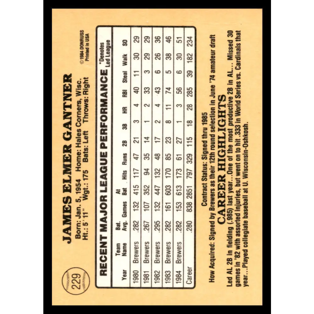 1985 Donruss #229 Jim Gantner Excellent Baseball Card Image 2