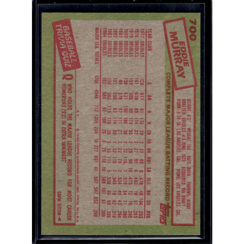 1985 Topps #700 Eddie Murray EX Baltimore Orioles Baseball Card Image 2