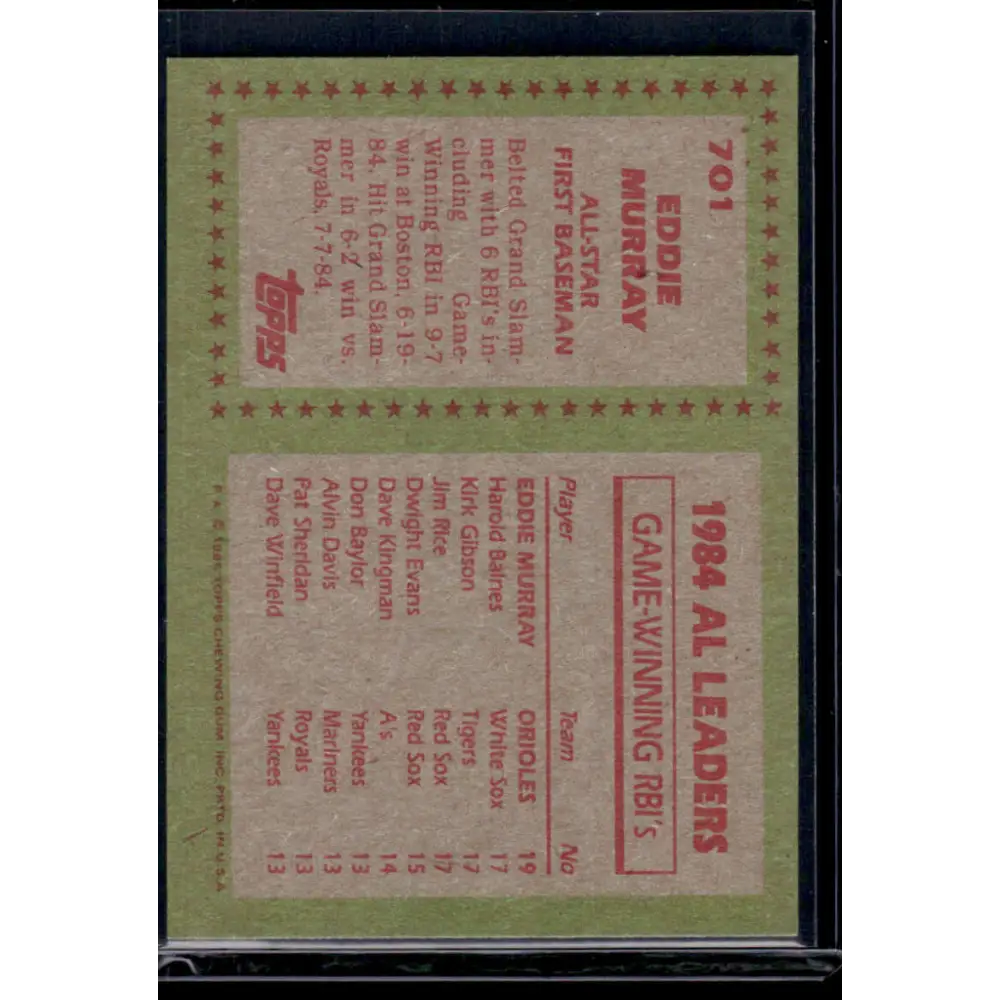 1985 Topps #701 Eddie Murray EX Baltimore Orioles Baseball Card Image 2