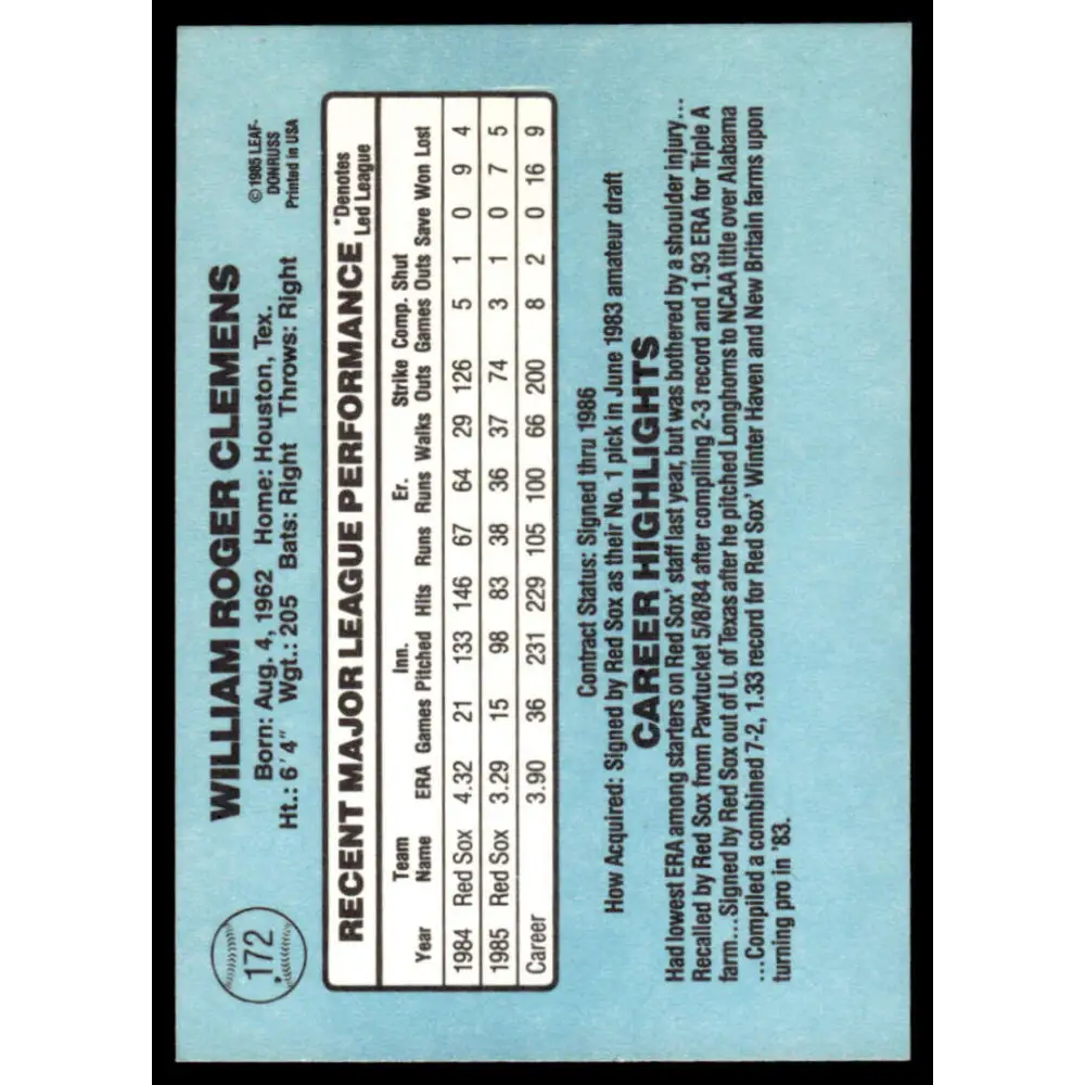 1986 Donruss #172 Roger Clemens EX/NM Boston Red Sox Baseball Card Image 2