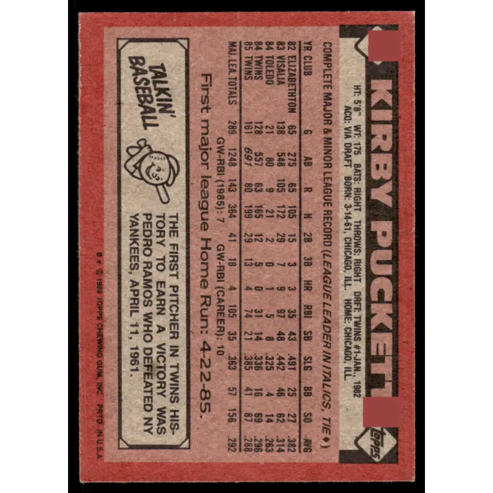 1986 Topps #329 Kirby Puckett EX/NM Minnesota Twins Baseball Card Image 2