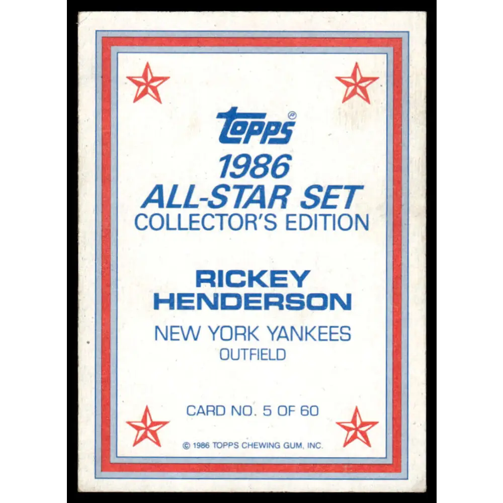 1986 Topps #5 Rickey Henderson VG/EX New York Yankees Baseball Card Image 2