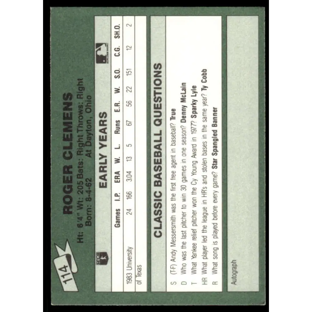 1987 Classic Update Yellow #114 Roger Clemens EX/NM Boston Red Sox Baseball Card Image 2