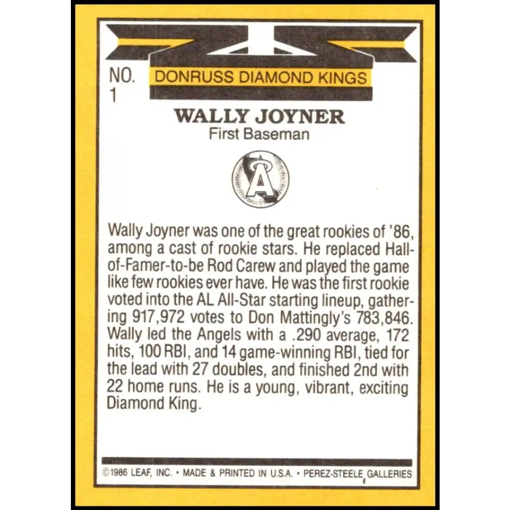 1987 Donruss #1 Wally Joyner EX Excellent California Angels Baseball Card  Image 2
