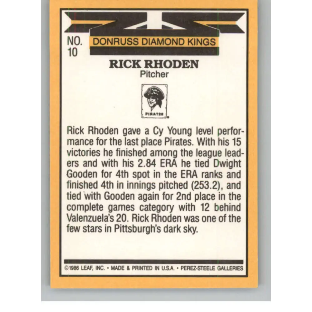 1987 Donruss #10 Rick Rhoden EX Excellent Pittsburgh Pirates Baseball Card  Image 2