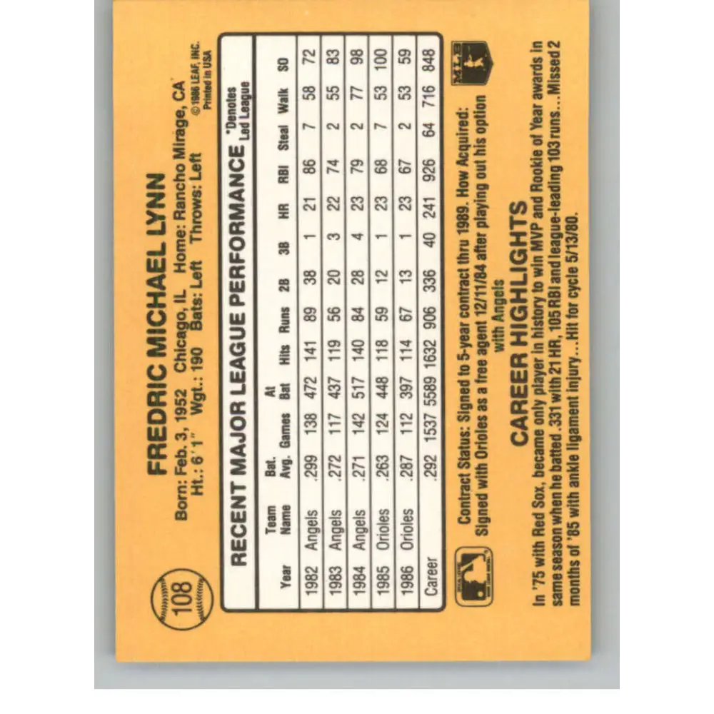 1987 Donruss #108 Fred Lynn EX Excellent Baltimore Orioles Baseball Card  Image 2