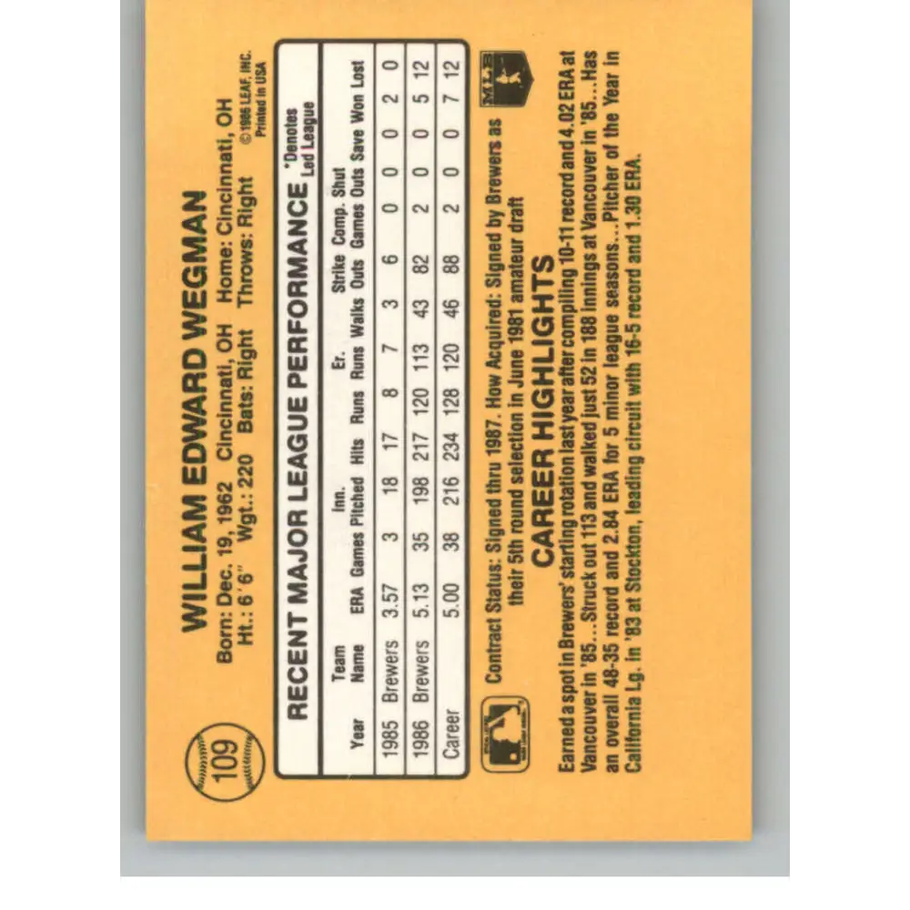 1987 Donruss #109 Bill Wegman EX Excellent Milwaukee Brewers Baseball Card  Image 2