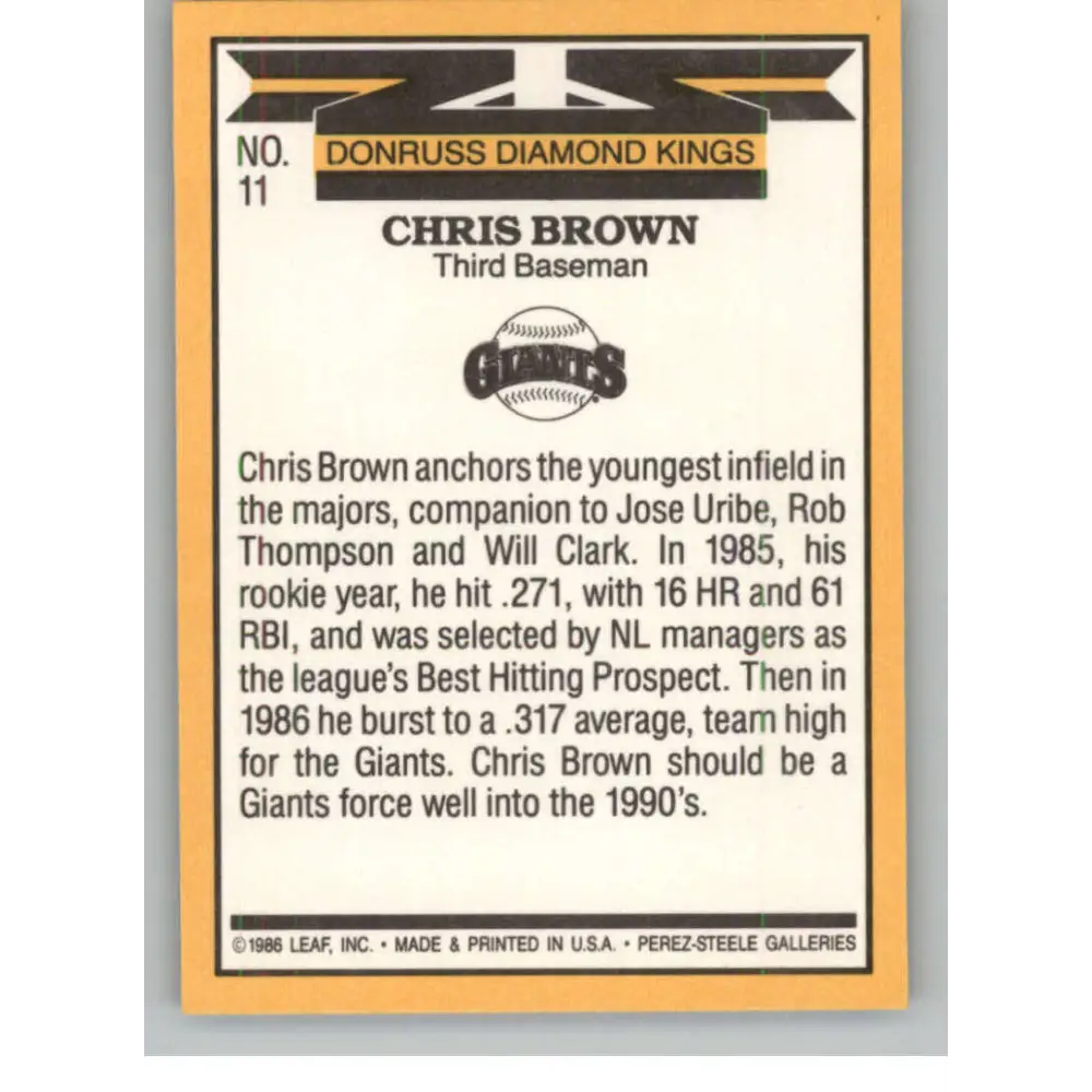 1987 Donruss #11 Chris Brown EX Excellent San Francisco Giants Baseball Card  Image 2