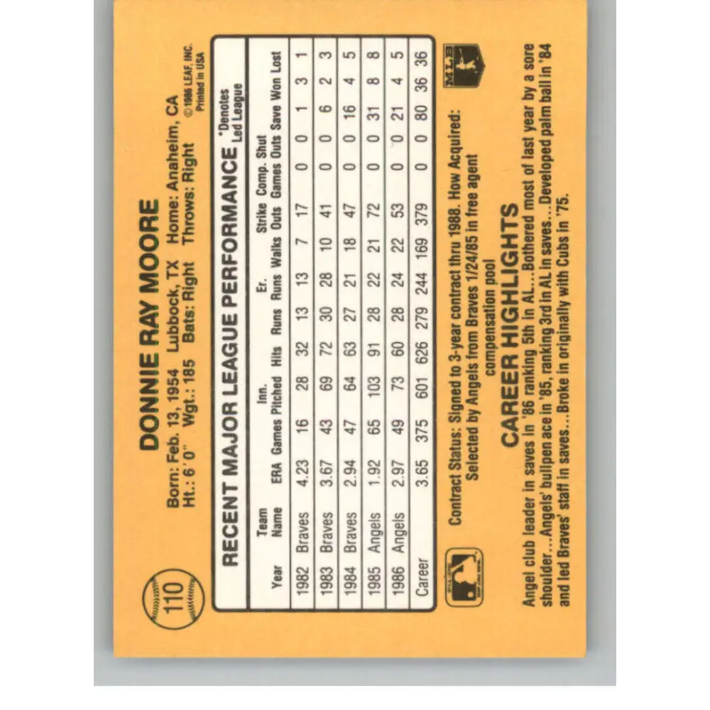 1987 Donruss #110 Donnie Moore EX Excellent California Angels Baseball Card  Image 2