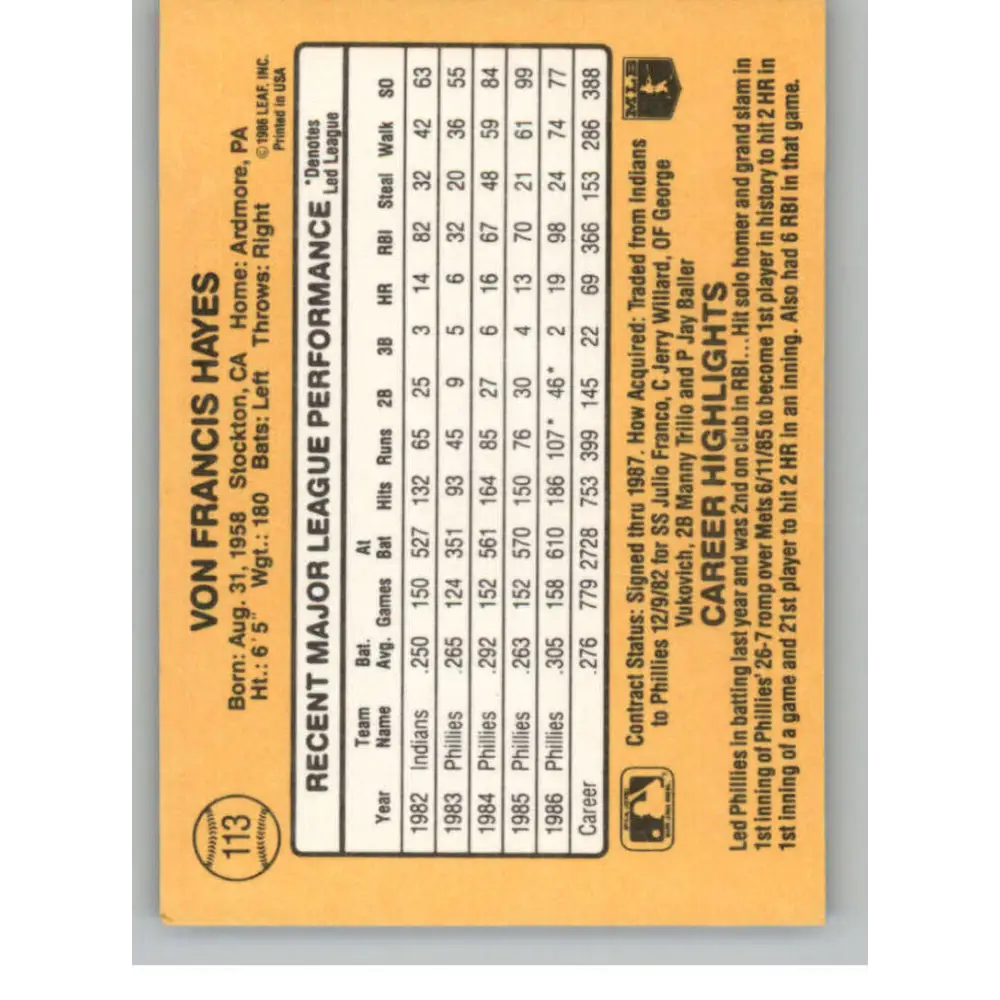 1987 Donruss #113 Von Hayes EX Excellent Philadelphia Phillies Baseball Card  Image 2