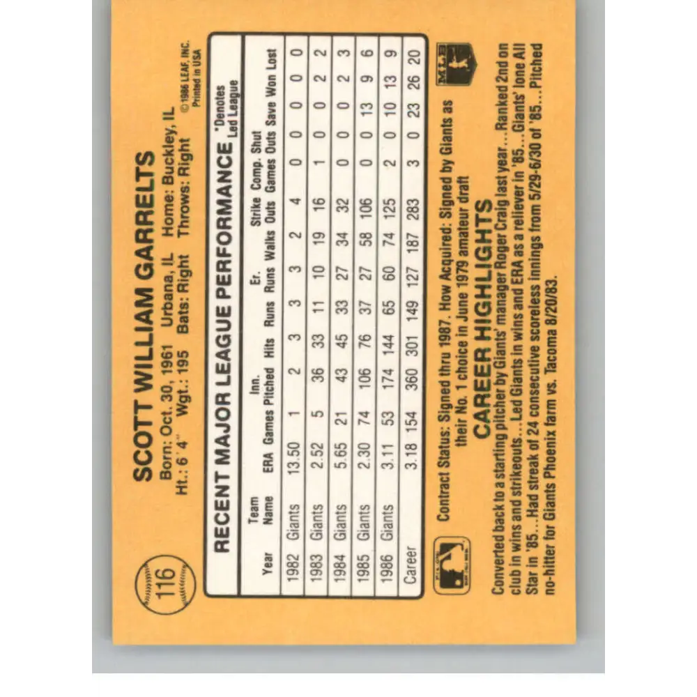 1987 Donruss #116 Scott Garrelts EX Excellent San Francisco Giants Baseball Card  Image 2
