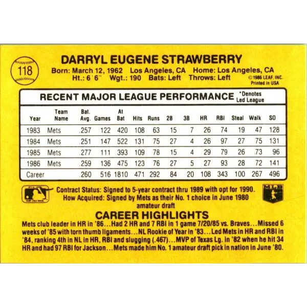 1987 Donruss #118 Darryl Strawberry EX Excellent New York Mets Baseball Card  Image 2