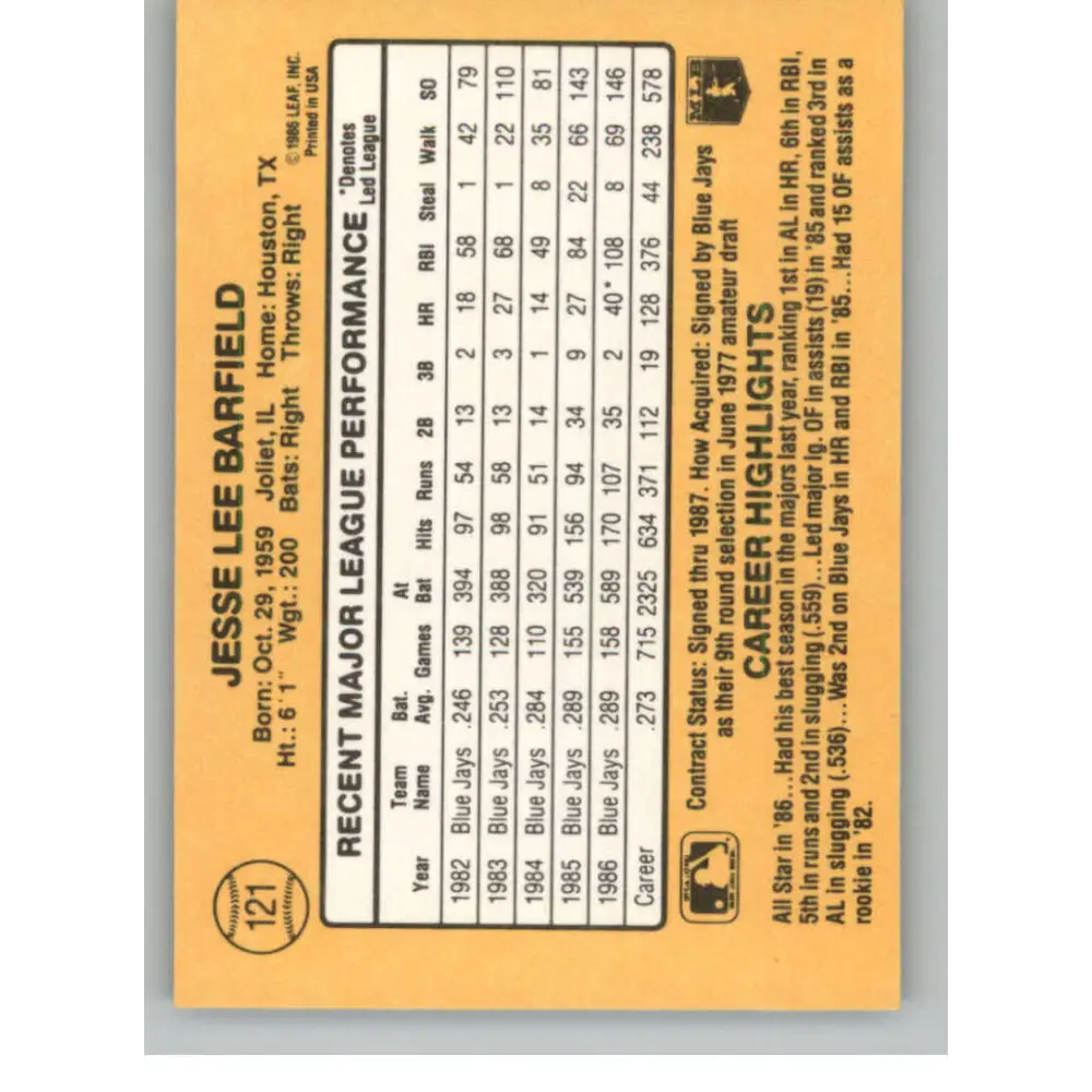 1987 Donruss #121 Jesse Barfield EX Excellent Toronto Blue Jays Baseball Card  Image 2