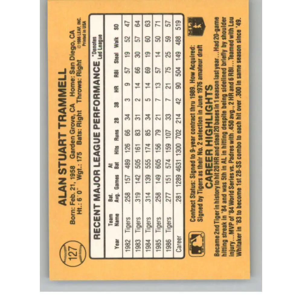 1987 Donruss #127 Alan Trammell EX Excellent Detroit Tigers Baseball Card  Image 2