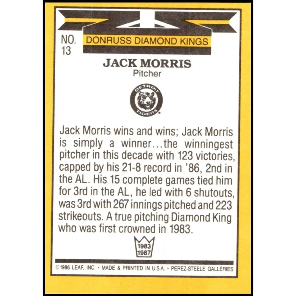 1987 Donruss #13 Jack Morris EX Excellent Detroit Tigers Baseball Card  Image 2