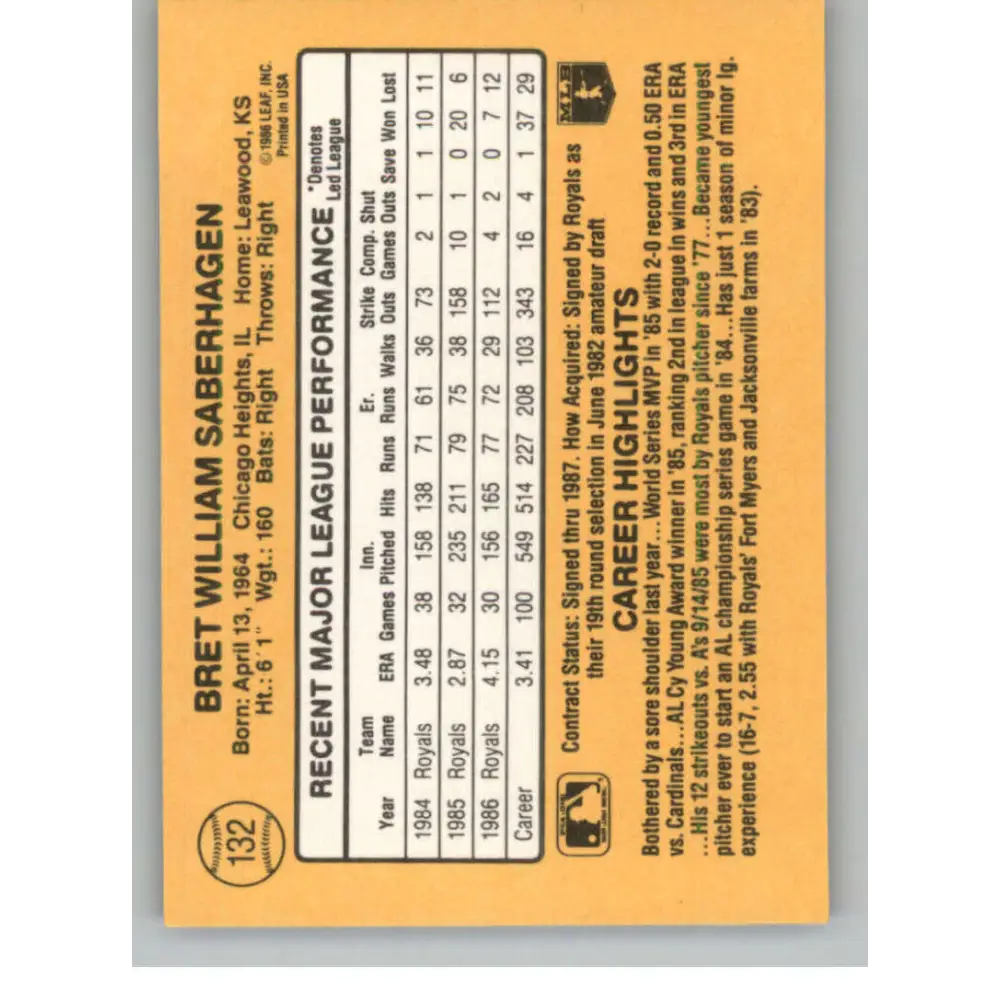 1987 Donruss #132 Bret Saberhagen EX Excellent Kansas City Royals Baseball Card  Image 2