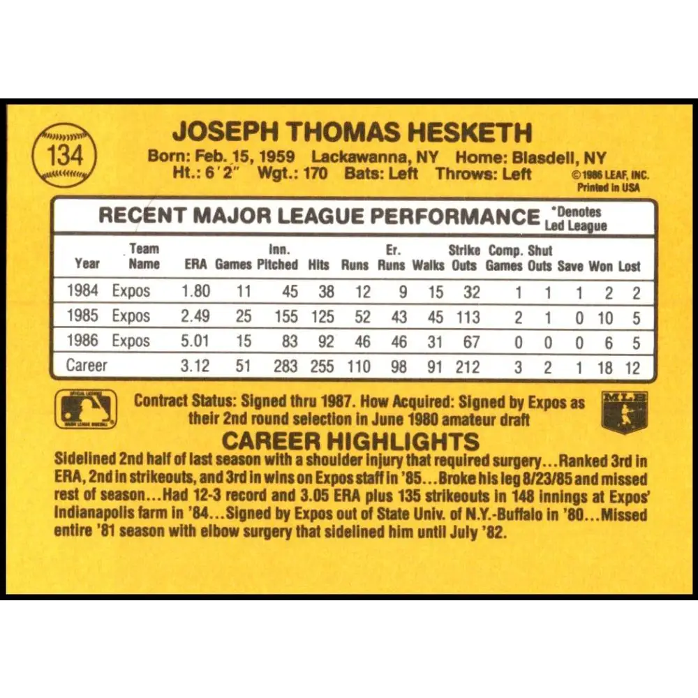1987 Donruss #134 Joe Hesketh EX Excellent Montreal Expos Baseball Card  Image 2