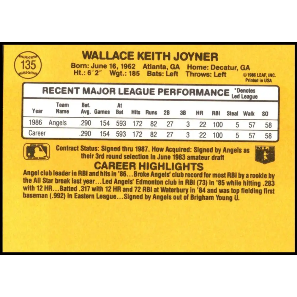 1987 Donruss #135 Wally Joyner EX Excellent RC Rookie California Angels Baseball Card  Image 2