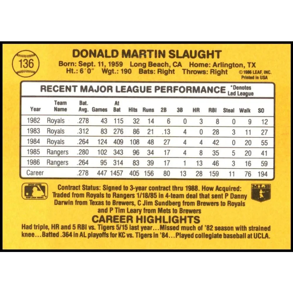 1987 Donruss #136 Don Slaught EX Excellent Texas Rangers Baseball Card  Image 2