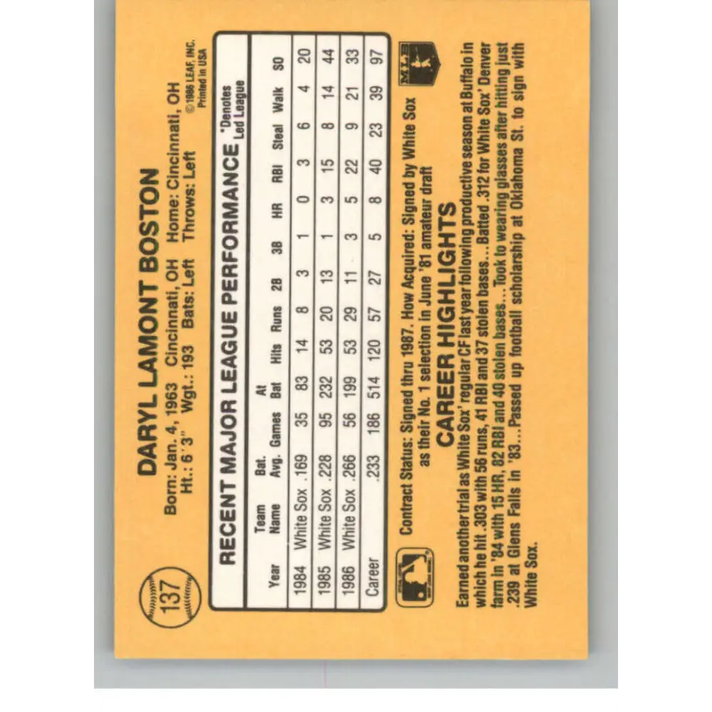 1987 Donruss #137 Daryl Boston EX Excellent Chicago White Sox Baseball Card  Image 2