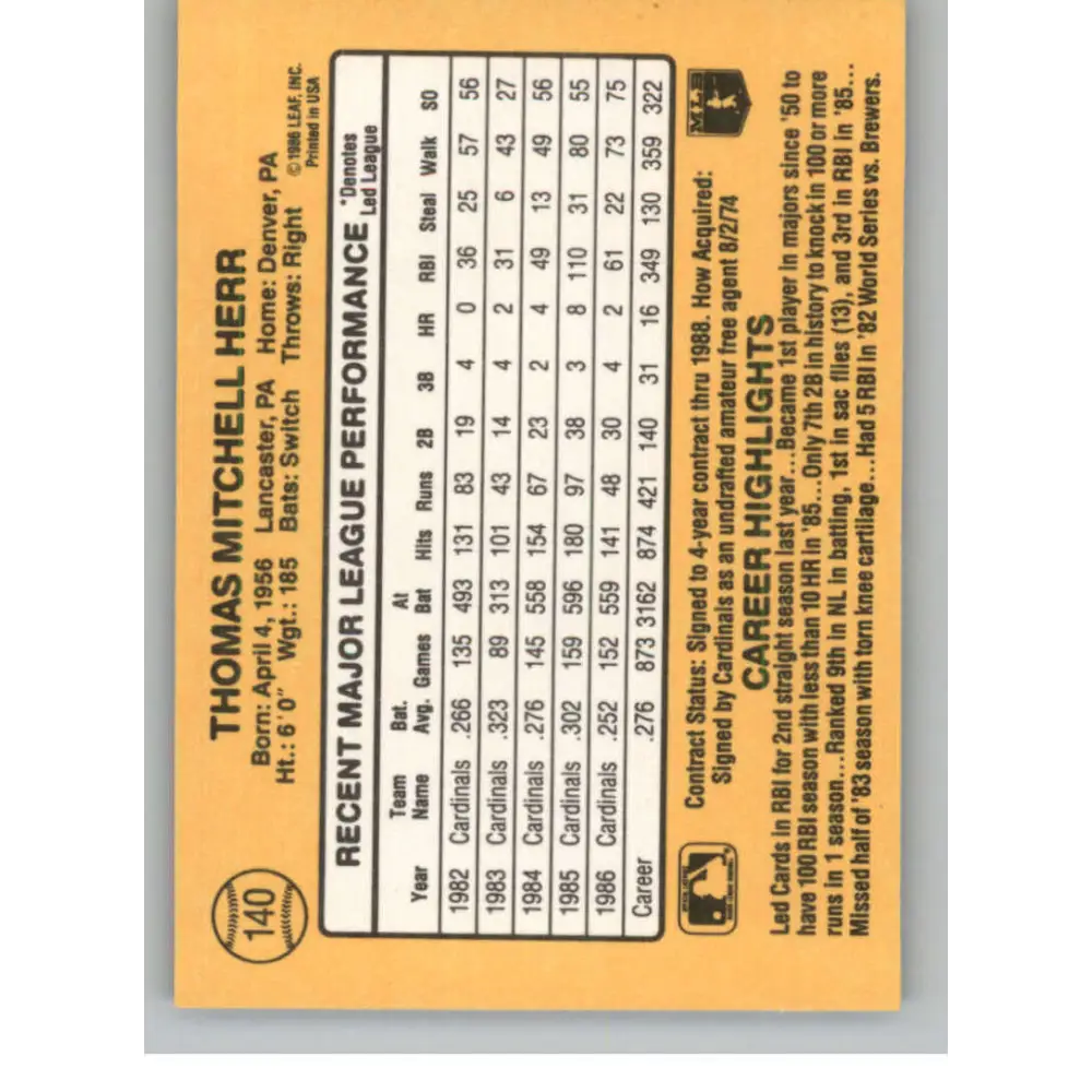 1987 Donruss #140 Tom Herr EX Excellent St. Louis Cardinals Baseball Card  Image 2