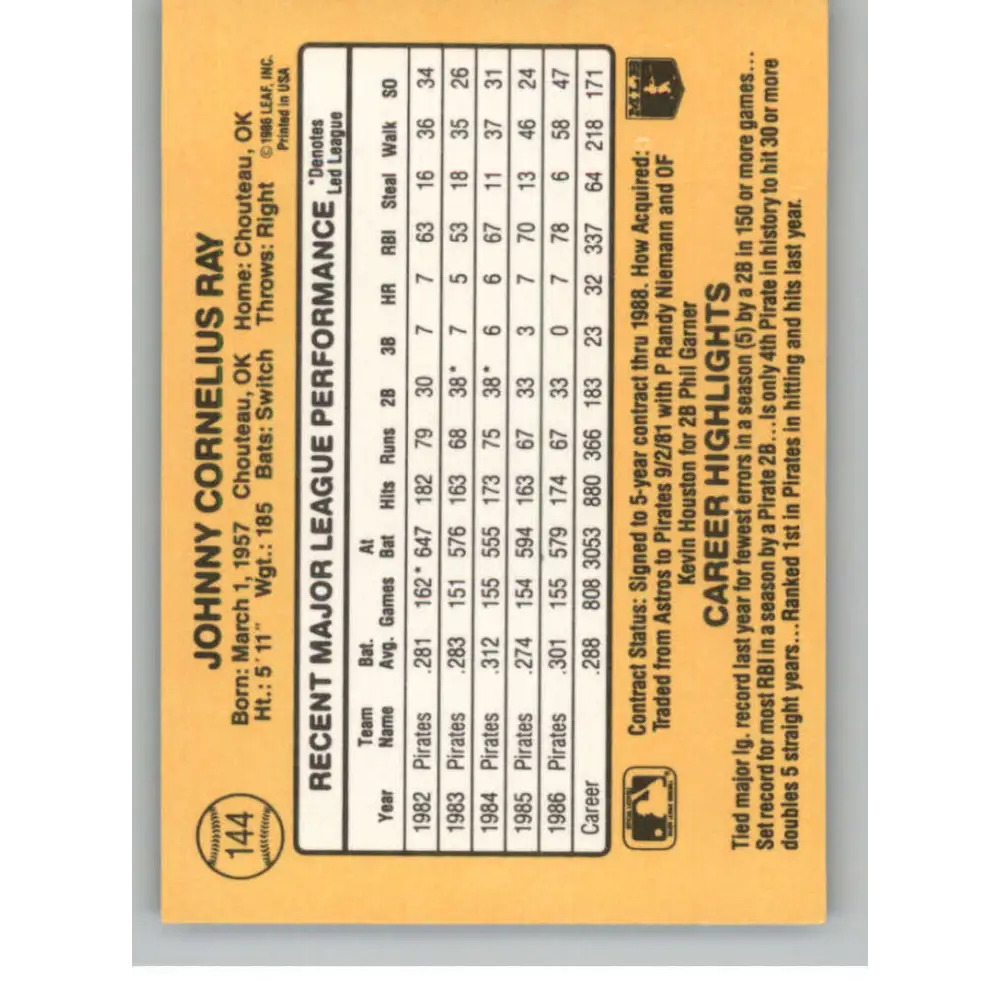1987 Donruss #144 Johnny Ray EX Excellent Pittsburgh Pirates Baseball Card  Image 2