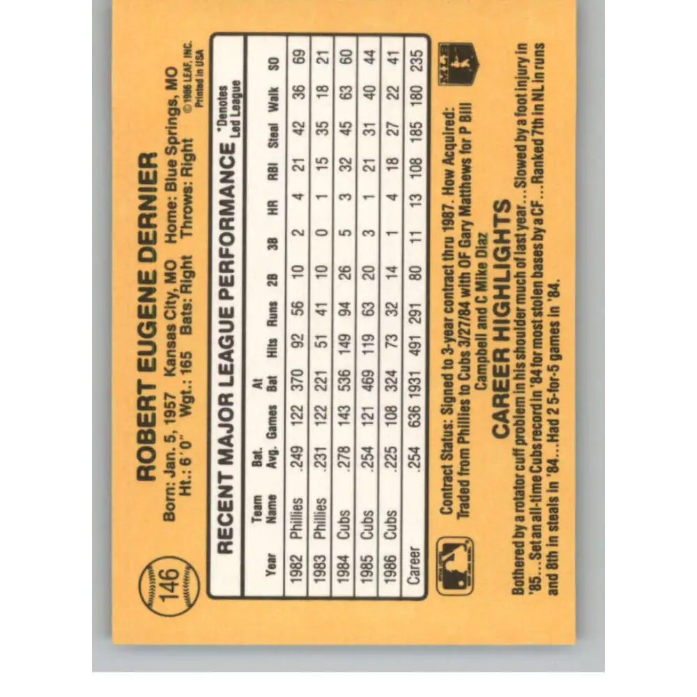 1987 Donruss #146 Bob Dernier EX Excellent Chicago Cubs Baseball Card  Image 2