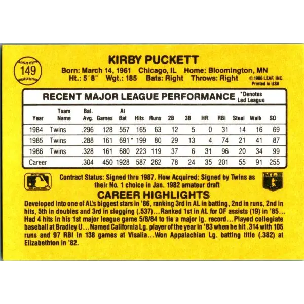 1987 Donruss #149 Kirby Puckett EX Excellent Minnesota Twins Baseball Card  Image 2
