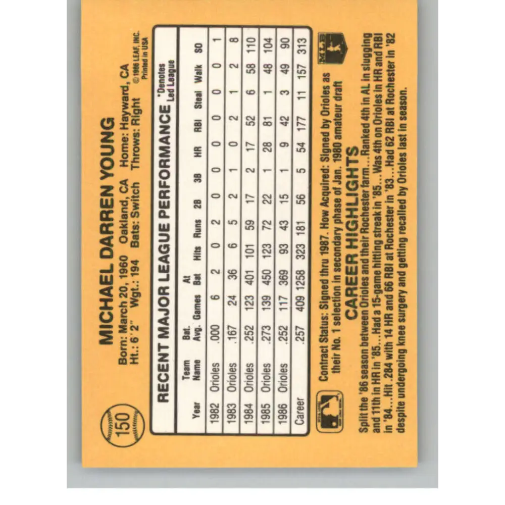 1987 Donruss #150 Mike Young EX Excellent Baltimore Orioles Baseball Card  Image 2