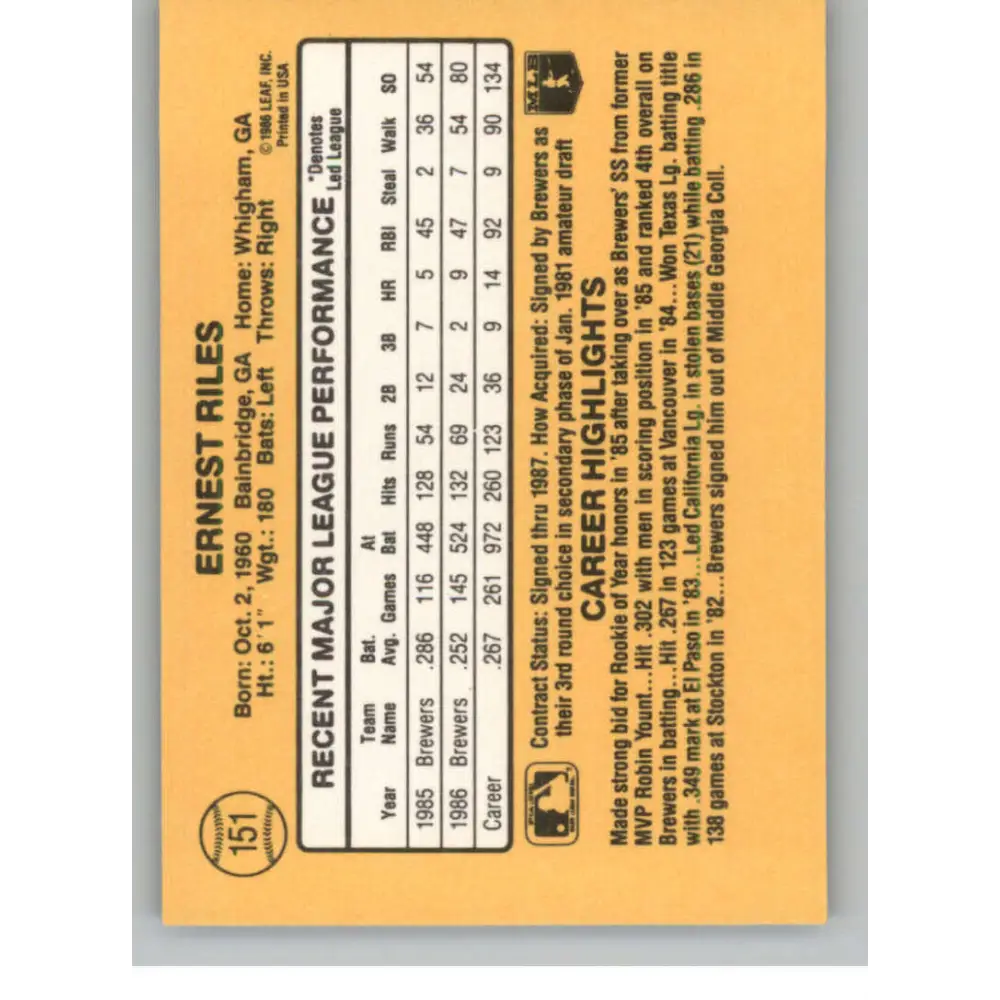 1987 Donruss #151 Ernest Riles EX Excellent Milwaukee Brewers Baseball Card  Image 2