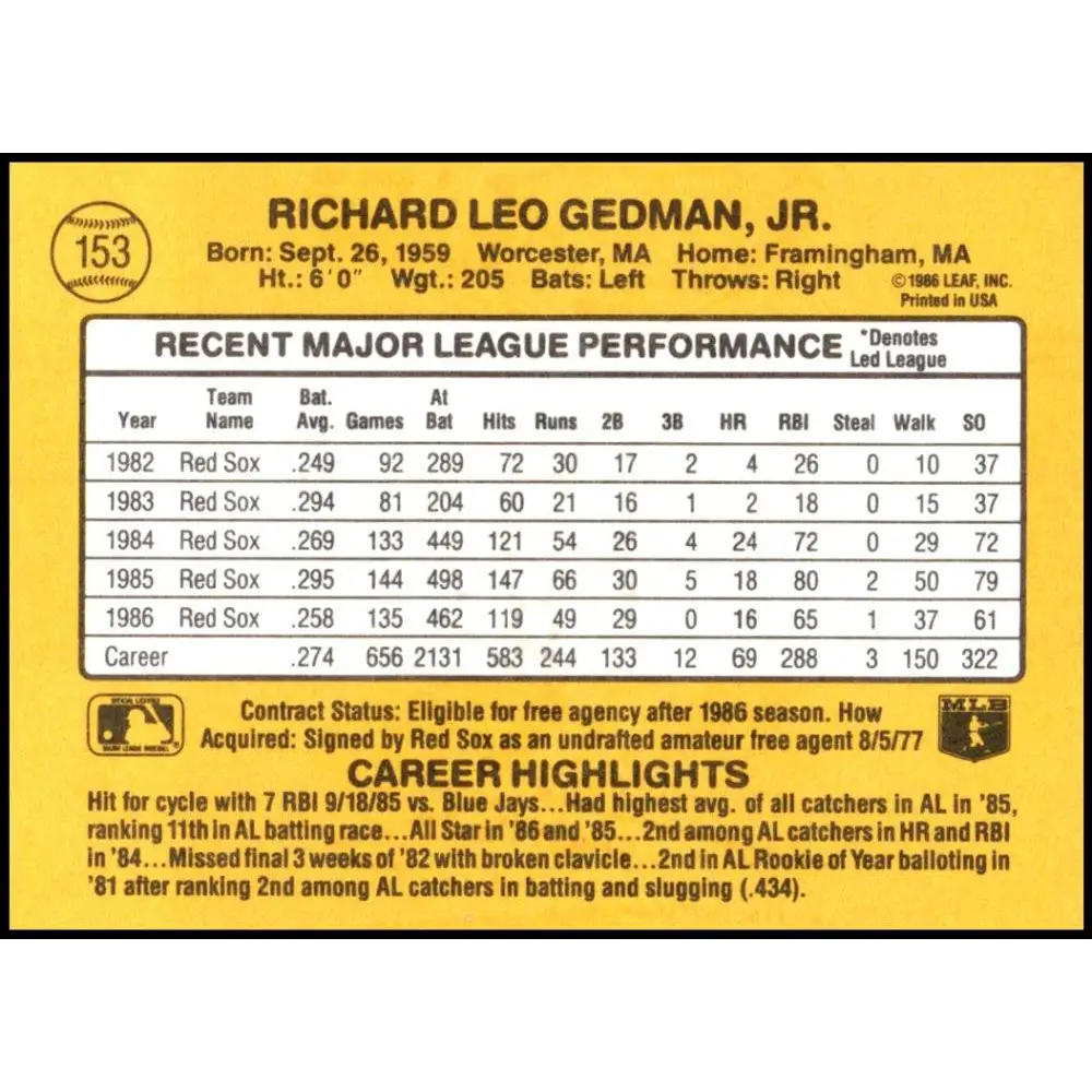 1987 Donruss #153 Rich Gedman EX Excellent Boston Red Sox Baseball Card  Image 2
