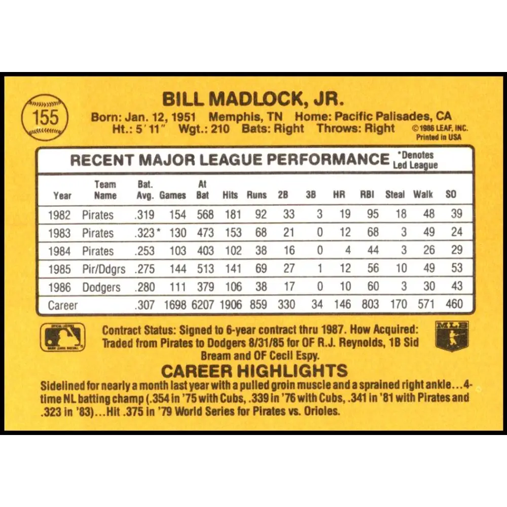 1987 Donruss #155 Bill Madlock EX Excellent Los Angeles Dodgers Baseball Card  Image 2