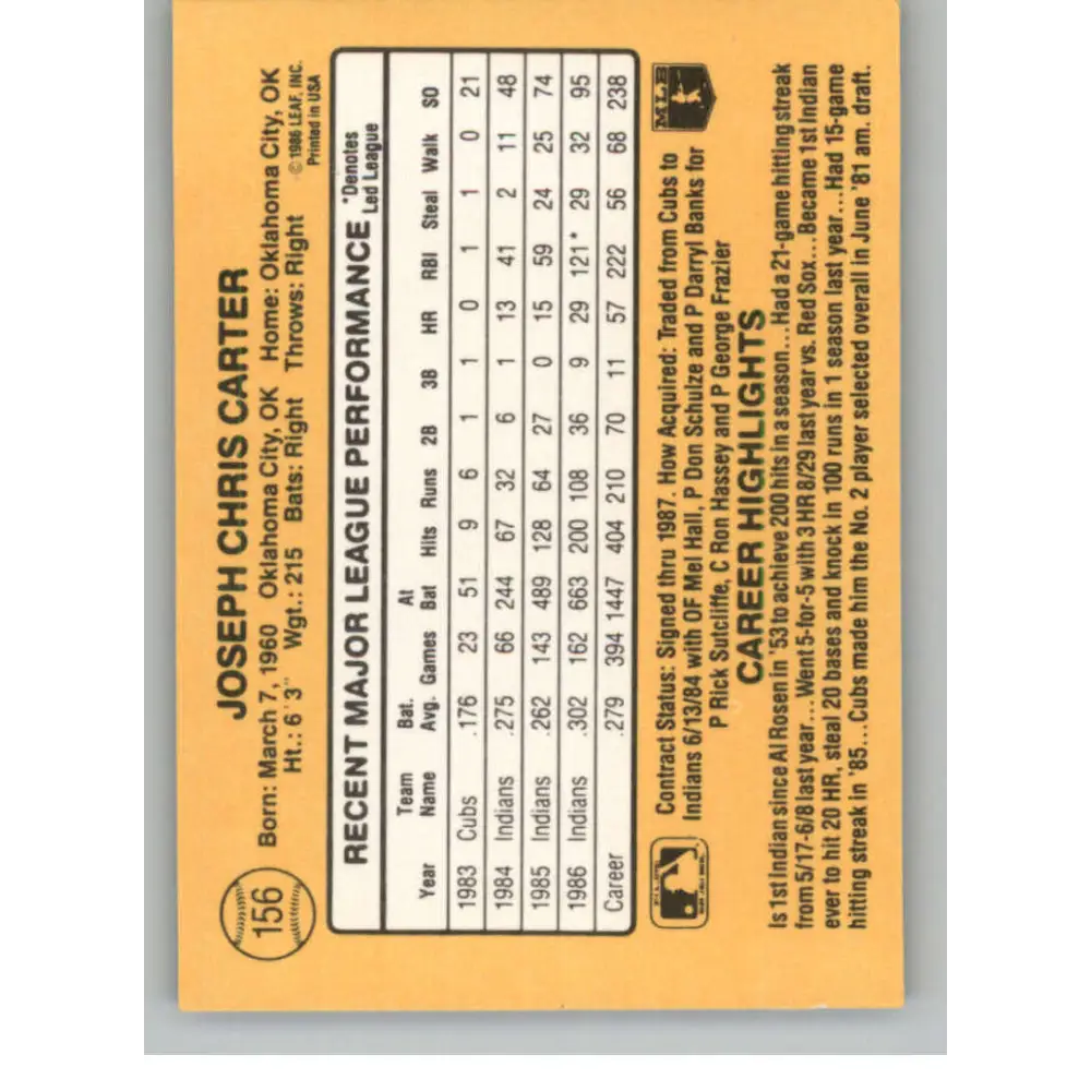 1987 Donruss #156 Joe Carter EX Excellent Cleveland Indians Baseball Card  Image 2