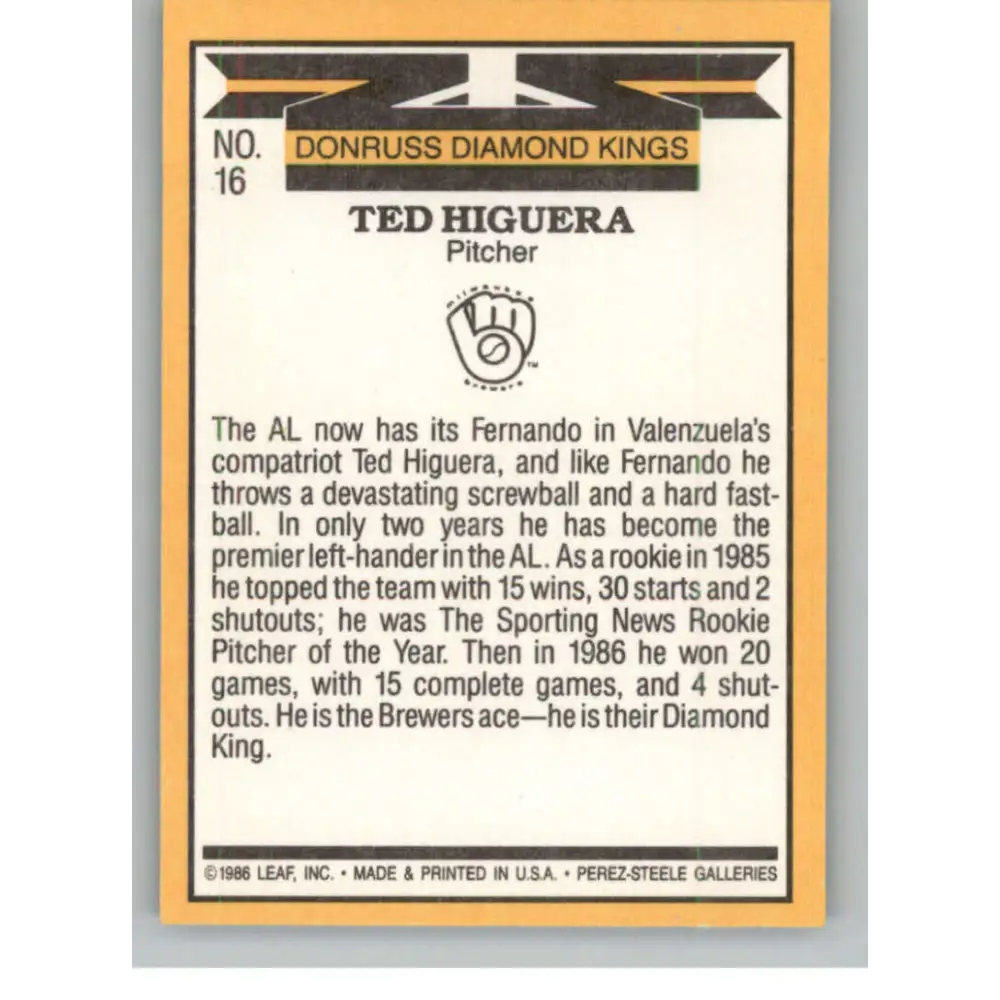 1987 Donruss #16 Teddy Higuera EX Excellent Milwaukee Brewers Baseball Card  Image 2