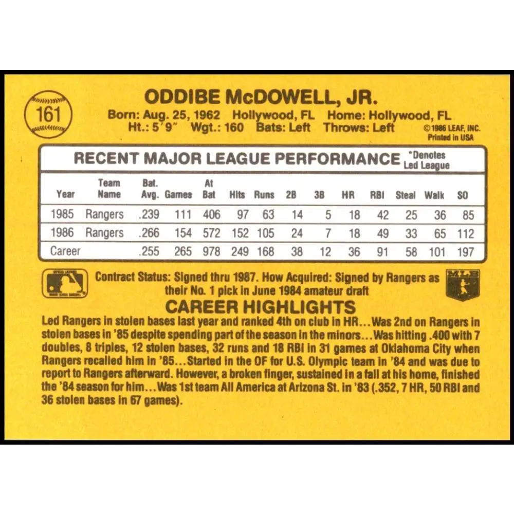 1987 Donruss #161 Oddibe McDowell EX Excellent Texas Rangers Baseball Card  Image 2