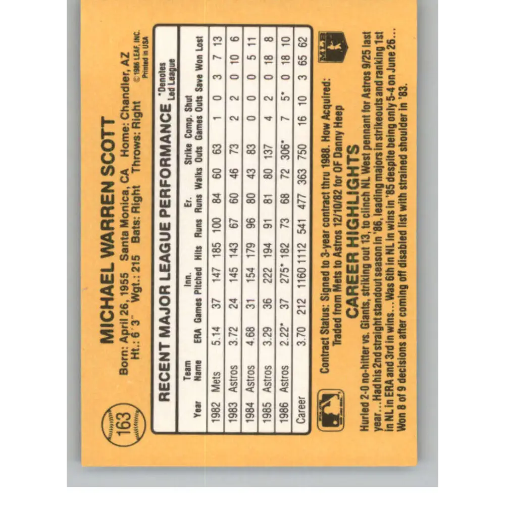 1987 Donruss #163 Mike Scott EX Excellent Houston Astros Baseball Card  Image 2