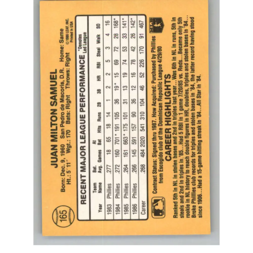 1987 Donruss #165 Juan Samuel EX Excellent Philadelphia Phillies Baseball Card  Image 2
