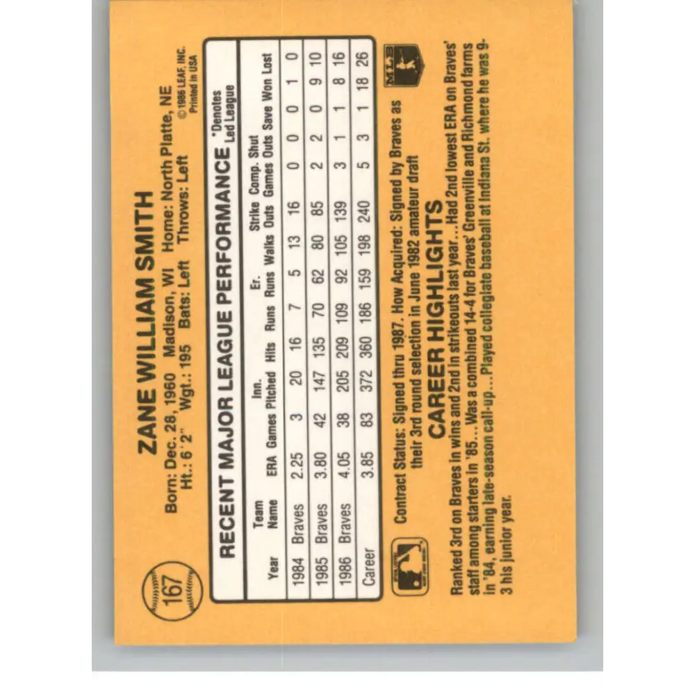 1987 Donruss #167 Zane Smith EX Excellent Atlanta Braves Baseball Card  Image 2
